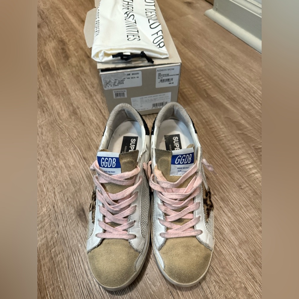 Golden Goose White Beige Leopard Star Sneakers with Pink Laces - Picture 3 of 7